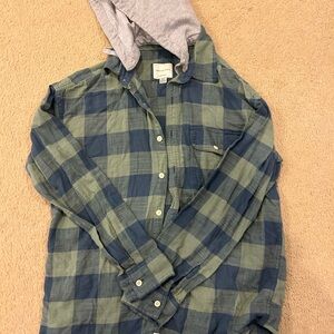 AE hooded flannel. Blue and green plaid-size M